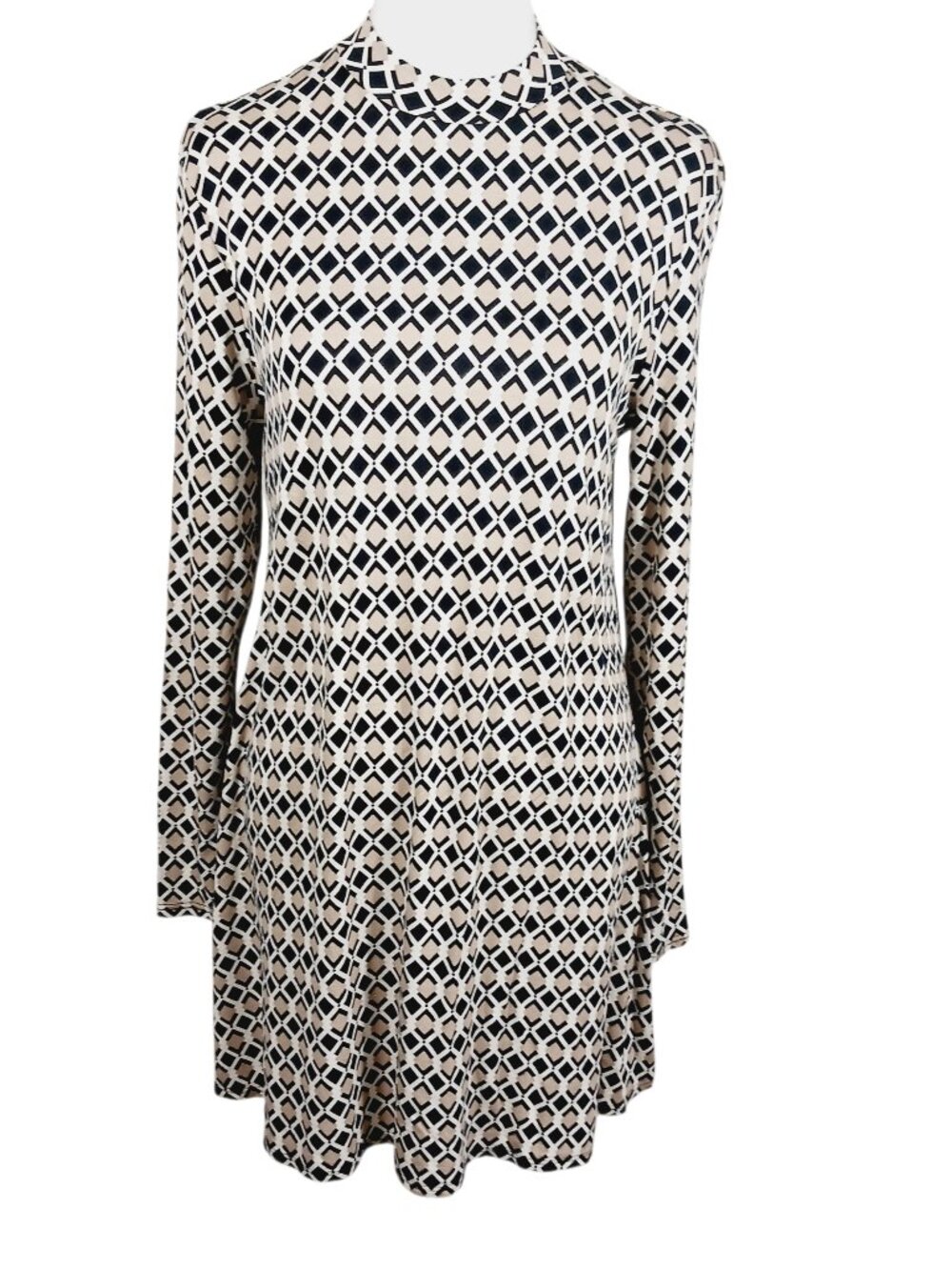 Dorothy Perkins Black, Off White & Tan Geo Print Mini Dress Long Sleeve, Size 10